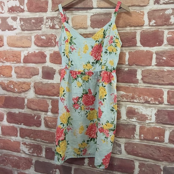 Anthropologie Cynthia Rowley Dress 8 Blue Multicolor Floral 100% Linen Sundress - Picture 3 of 8